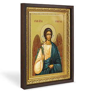 Икона Ангела Хранителя, в широком багете, цвет "темный дуб", на холсте, с золочением (33,5х42,2 см (под икону А4))