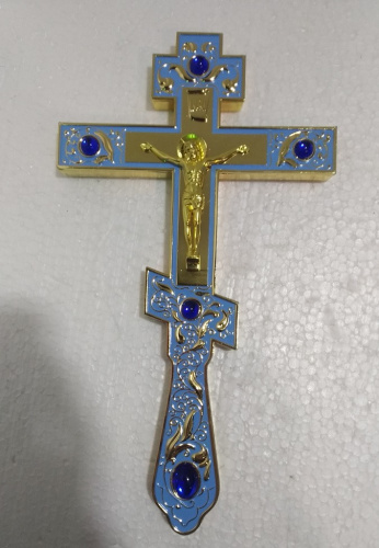 Крест напрестольный, голубая эмаль, синие камни, 14,5х26 см, У-0987 фото 2