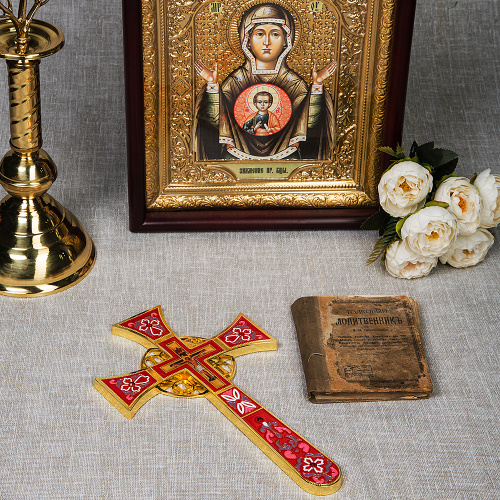 Крест требный четырехконечный, цинковый сплав, красная эмаль, камни, 17х29 см фото 3
