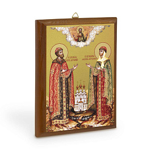 Икона благоверных князей Петра и Февронии Муромских на деревянной основе, цвет "кипарис", на холсте с золочением (9х12 см (под икону А7))