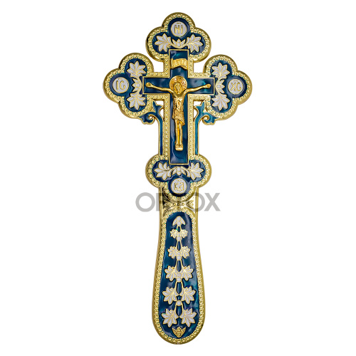 Крест требный / напрестольный латунный с подставкой, синяя и белая эмаль фото 2