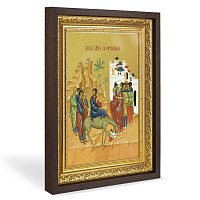 Икона Входа Господня в Иерусалим, в широком багете, цвет "темный дуб", на холсте, с золочением