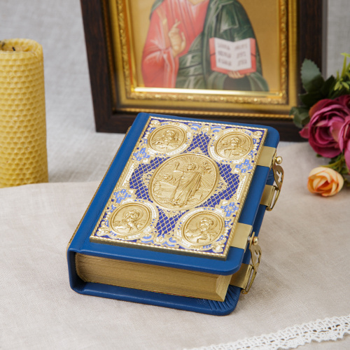 Евангелие требное малое синее, оклад "под золото", кожа, эмаль, 12х16 см фото 2