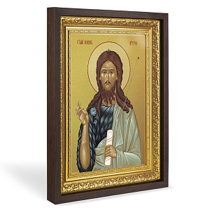 Икона Иоанна Крестителя, в широком багете, цвет "темный дуб", на холсте, с золочением (33,5х42,2 см (под икону А4))