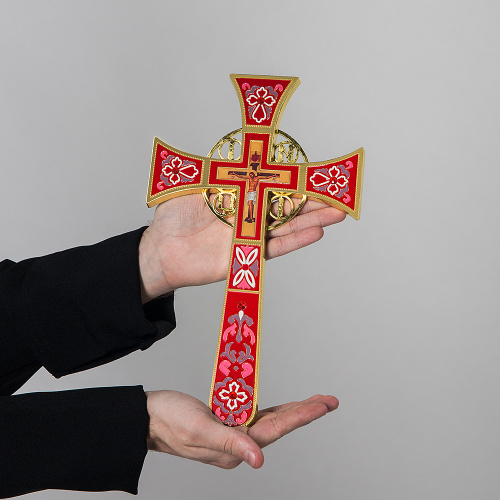 Крест требный четырехконечный, цинковый сплав, красная эмаль, камни, 17х29 см фото 5