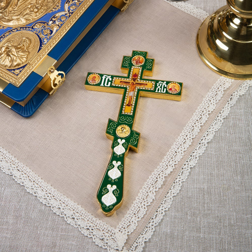 Крест напрестольный, цинковый сплав, зеленая эмаль, камни, 14,5х26 см фото 3