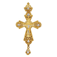Крест наперсный из ювелирного слава в позолоте, фианиты, 7х14 см