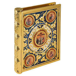 Оклад для Евангелия напрестольного, цинковый сплав, цвет "под золото", 27х5х35 см (синяя эмаль)