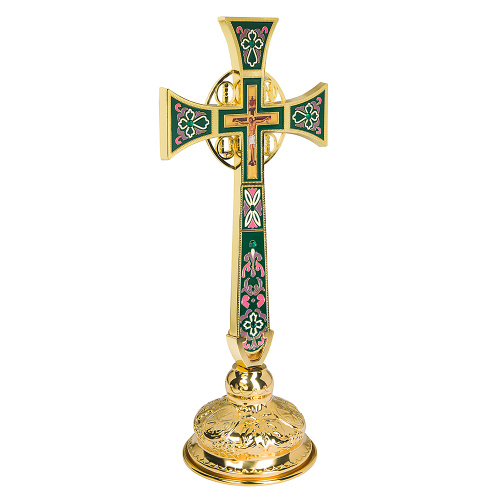 Крест требный четырехконечный, цинковый сплав, зеленая эмаль, камни, 17х29 см фото 8
