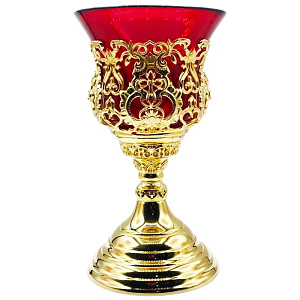 Лампада настольная из ювелирного сплава позолоченная с камнями (красный стаканчик)