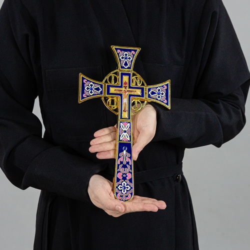Крест требный четырехконечный, цинковый сплав, синяя эмаль, камни, 17х29 см фото 4