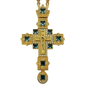 Крест наперсный из ювелирного сплава с цепью, позолота, голубые фианиты, высота 17 см (вес 257,5 г)