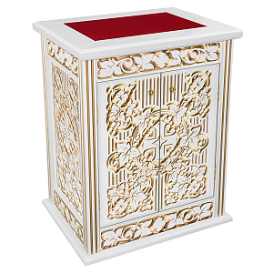 Жертвенник "Суздальский" белый с золотом (патина), высота 105 см (80х60х105 см, красная ткань, с 2-мя дверками)