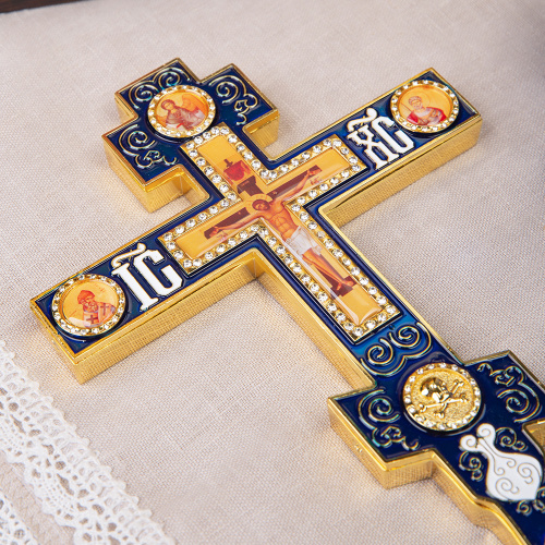 Крест напрестольный, цинковый сплав, синяя эмаль, камни, 14,5х26 см фото 3
