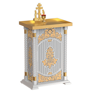 Панихидный стол песковой "Суздальский" белый с золотом (поталь), тумба, резьба, высота 100 см (70х50х100 см, без дверки)