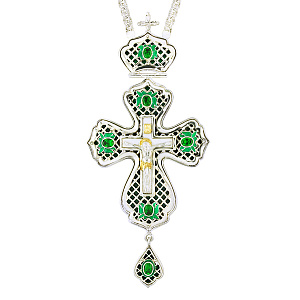 Крест наперсный серебряный, с цепью, позолота, зеленые фианиты, высота 17 см (эмаль)