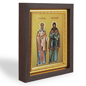 Икона равноапостольных Кирилла и Мефодия, в узком багете, цвет "темный дуб", на холсте, с золочением (14,3х17,4 см (под икону А7))