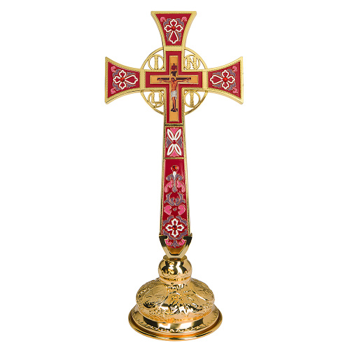 Крест требный четырехконечный, цинковый сплав, красная эмаль, камни, 17х29 см фото 6