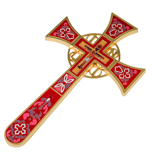 Крест требный четырехконечный, цинковый сплав, красная эмаль, камни, 17х29 см фото 8