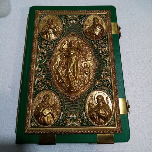 Евангелие напрестольное зеленое, оклад "под золото", кожа, эмаль, 24х31 см, У-0685 фото 2