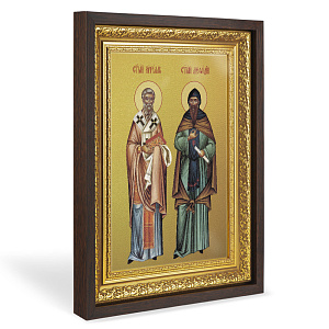 Икона равноапостольных Кирилла и Мефодия, в широком багете, цвет "темный дуб", на холсте, с золочением (33,5х42,2 см (под икону А4))