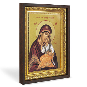 Икона Божией матери "Умиление", в широком багете, цвет "темный дуб", на холсте, с золочением (33,5х42,2 см (под икону А4))