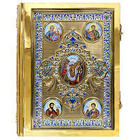 Евангелие напрестольное, оклад из ювелирного сплава в позолоте, фианиты, эмаль, 30х35 см
