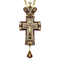 Крест наперсный из ювелирного сплава в позолоте с цепью, с эмалью и фианитами, 6х15 см