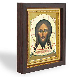 Икона Спасителя "Нерукотворный образ", в узком багете, цвет "темный дуб", на холсте, с золочением (14,3х17,4 см (под икону А7))