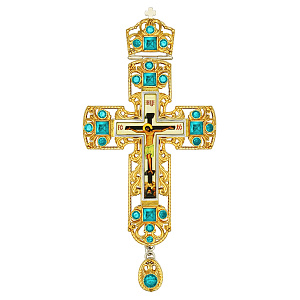 Крест наперсный из ювелирного сплава с украшениями, 8х17 см, бирюзовые камни (с цветной печатью)