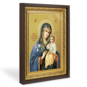 Икона Божией Матери "Неувядаемый цвет", в широком багете, цвет "темный дуб", на холсте, с золочением (33,5х42,2 см (под икону А4))