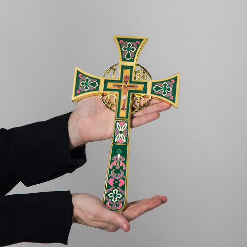 Крест требный четырехконечный, цинковый сплав, зеленая эмаль, камни, 17х29 см фото 6