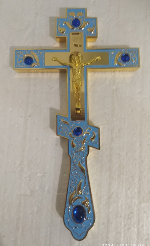 Крест напрестольный, голубая эмаль, синие камни, 14,5х26 см, У-1152 фото 2