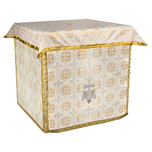 Облачение на престол белое с золотом, церковный шелк, 100х100х100 см (бахрома)